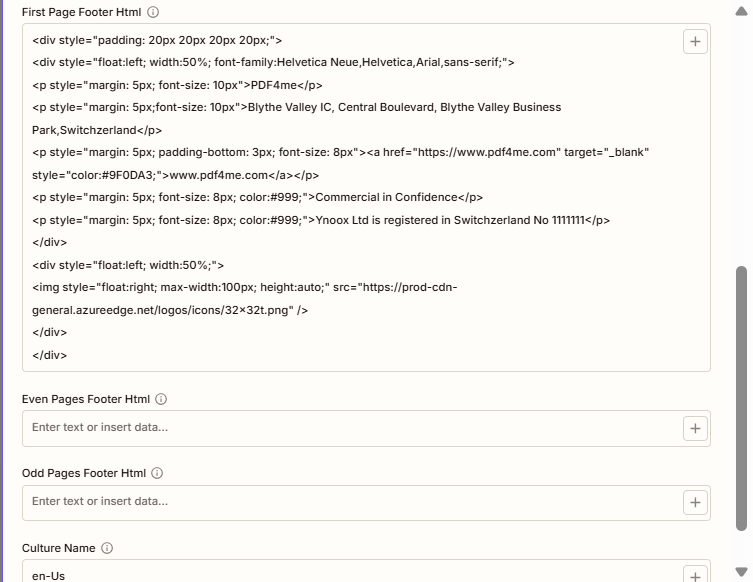 Haz clic para ampliar Actualizar encabezados y pies de página en Word Zapier: pie de página HTML de la primera página con ejemplo HTML, pie de página HTML de páginas pares, pie de página HTML de páginas impares, nombre de la cultura.